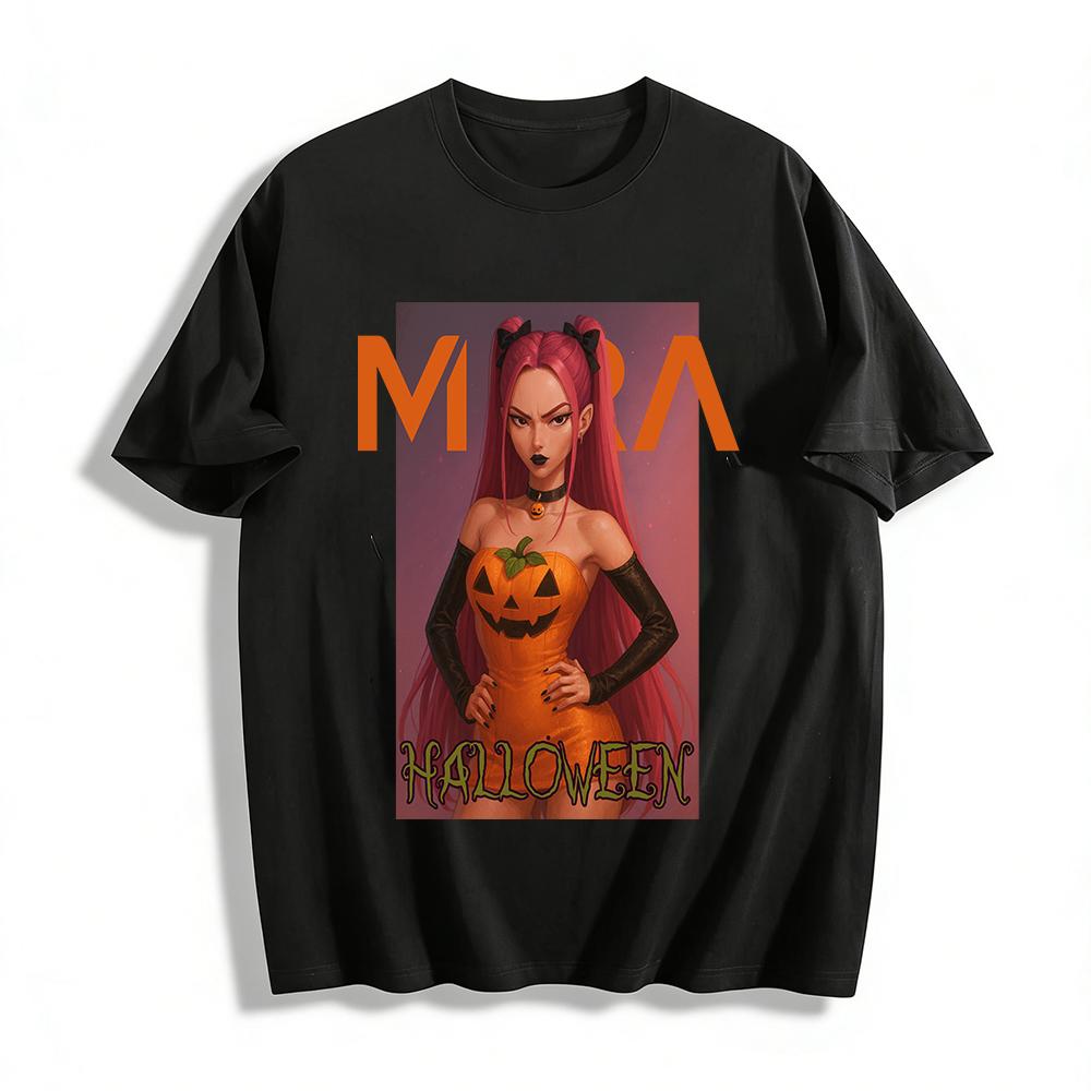 

Halloween Themed Pumpkin Print Top Cool Pink-haired Girl Street Trendy Long-sleeve T-shirt Pure cotton T-shirt XXS