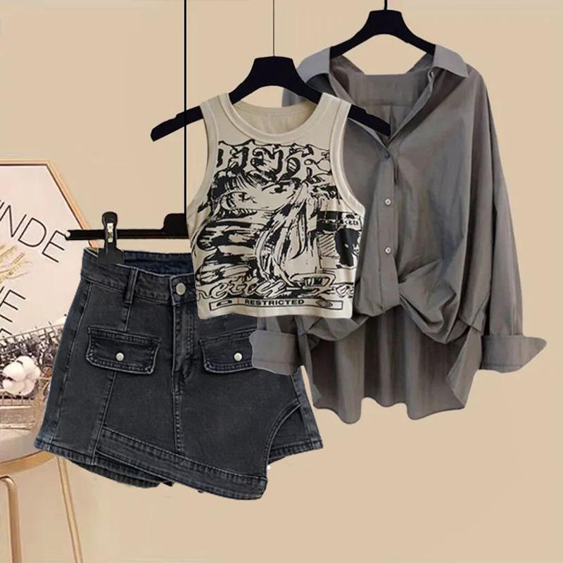 

Женская весенняя мода 2024 года: Комплект из трех предметов в стиле Salted — рубашка с принтом, жилет и шорты 4XL [suggested 90-100 kg]