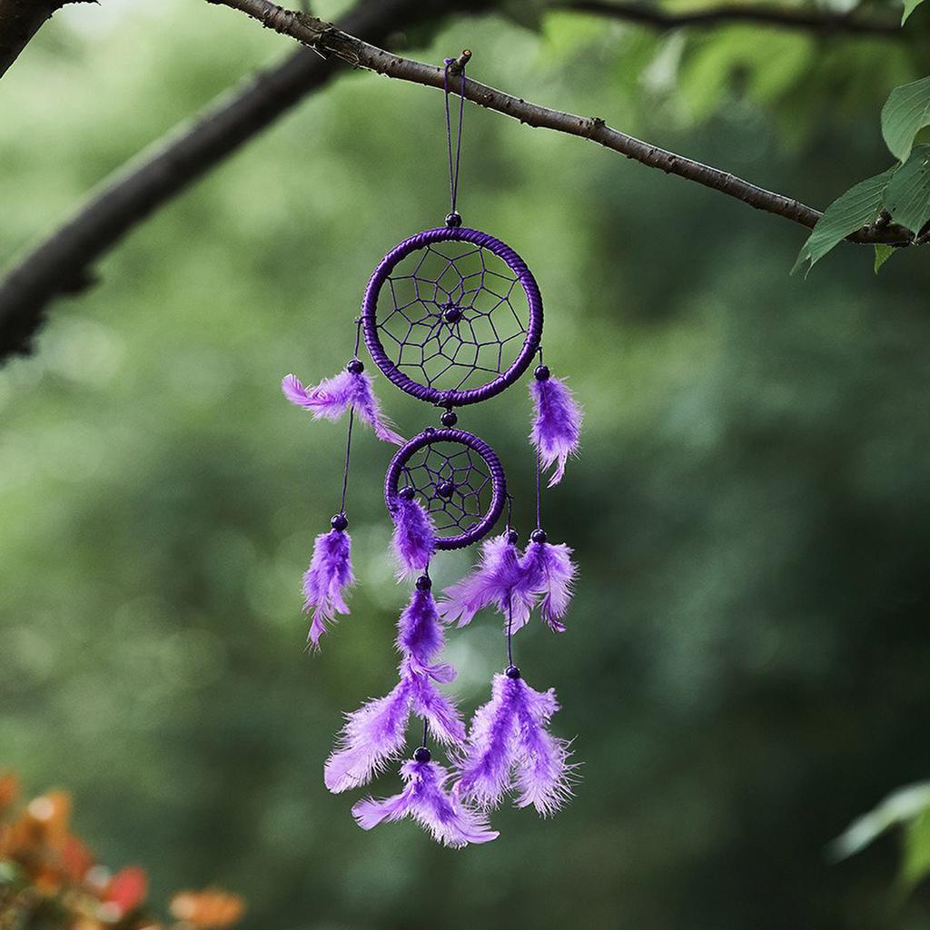 Boho Double Loop Dreamcatcher - Silk Thread Wall Art with Feathers, Car & Room Pendant