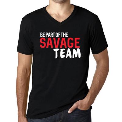 Męska koszulka w stylu vintage z grafiką T-shirt z dekoltem w serek Dołącz do zespołu Savage Głęboka czerń Biały tekst