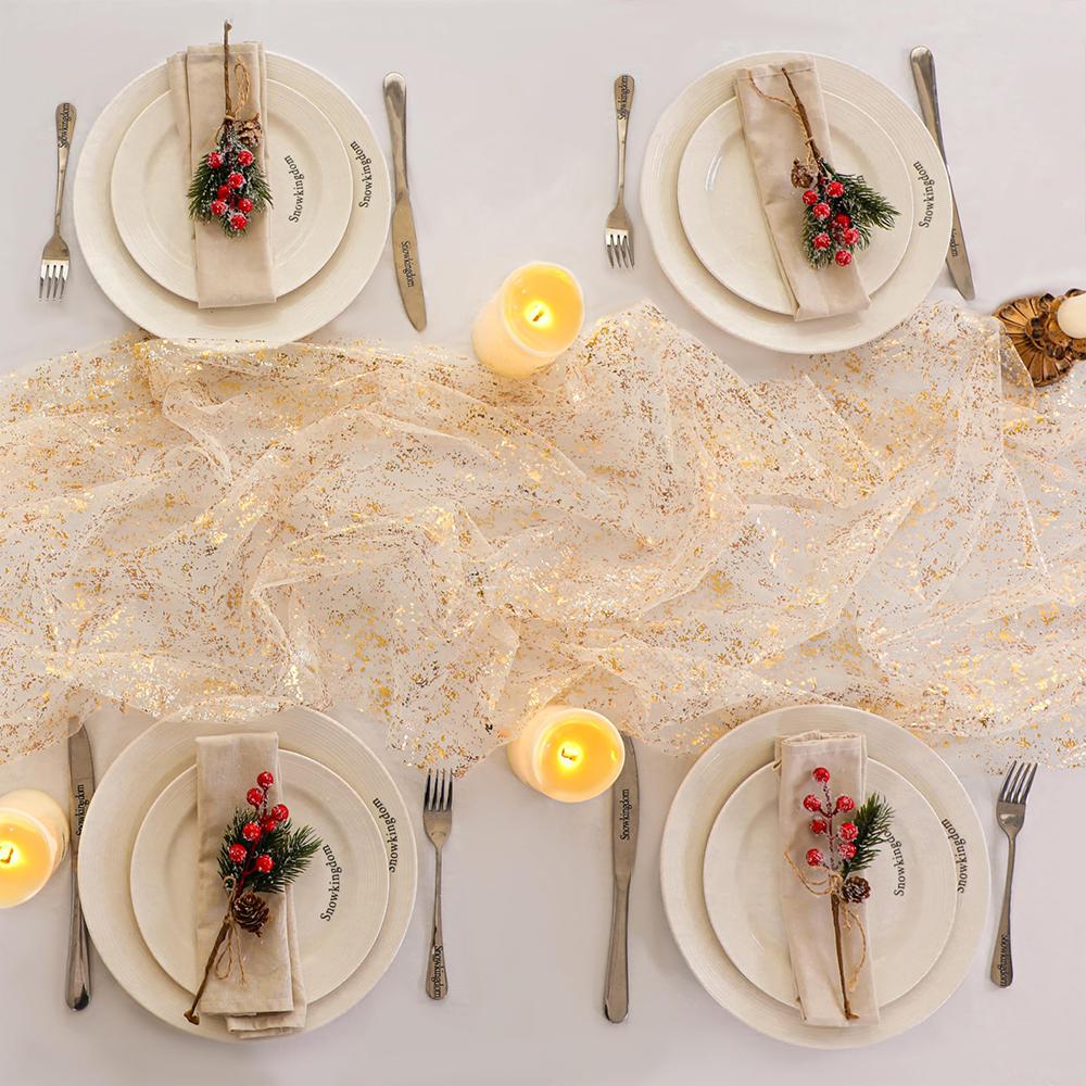 Genomskinlig bordslöpare Tüll Ostduk Paljetter Glitter Metallisk Folie Guld Festbordsdekorationer för Bröllop Födelsedag Babyshower