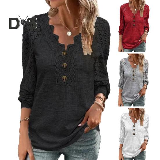 Women Spring Fall Top Hollow Out Lace Button Decor V Neck Soft Breathable Pullover Patchwork Long Sleeve Mid Length Lady T Shirt