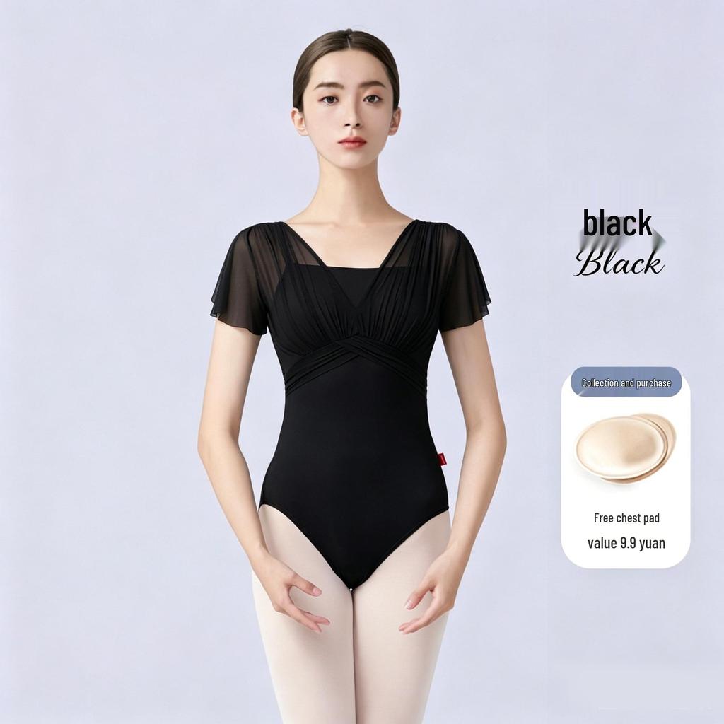 Maillot de Ballet y Gimnasia para Mujer: Ropa de Baile Fruncida de Manga Corta para Yoga y Patinaje Artístico.