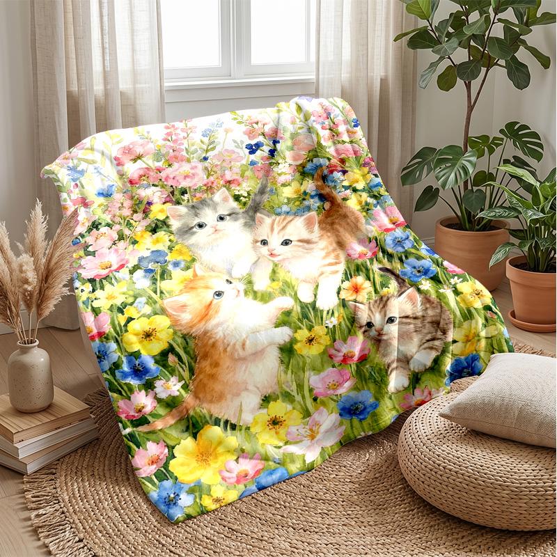 Kittens and Roses Romance Theme blanket Lightweight Warm Flannel Blanket Decorative Throw Blanket for Home Decoration