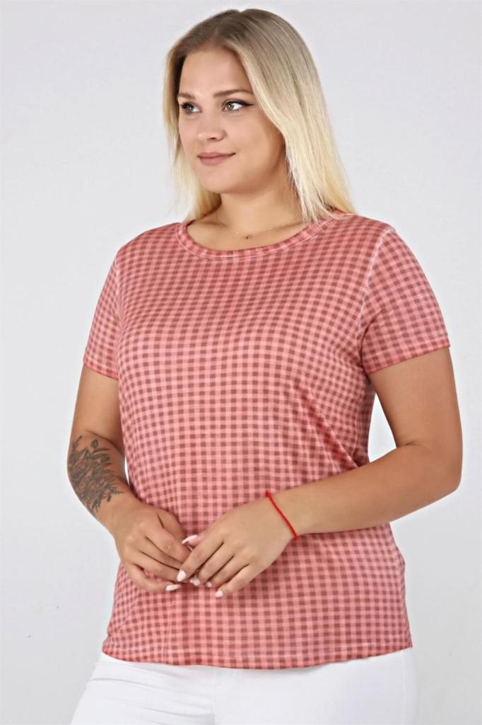 Damen Stil Große Größe T-Shirt Karomuster Ölwaschung Basic T-Shirt-Blau