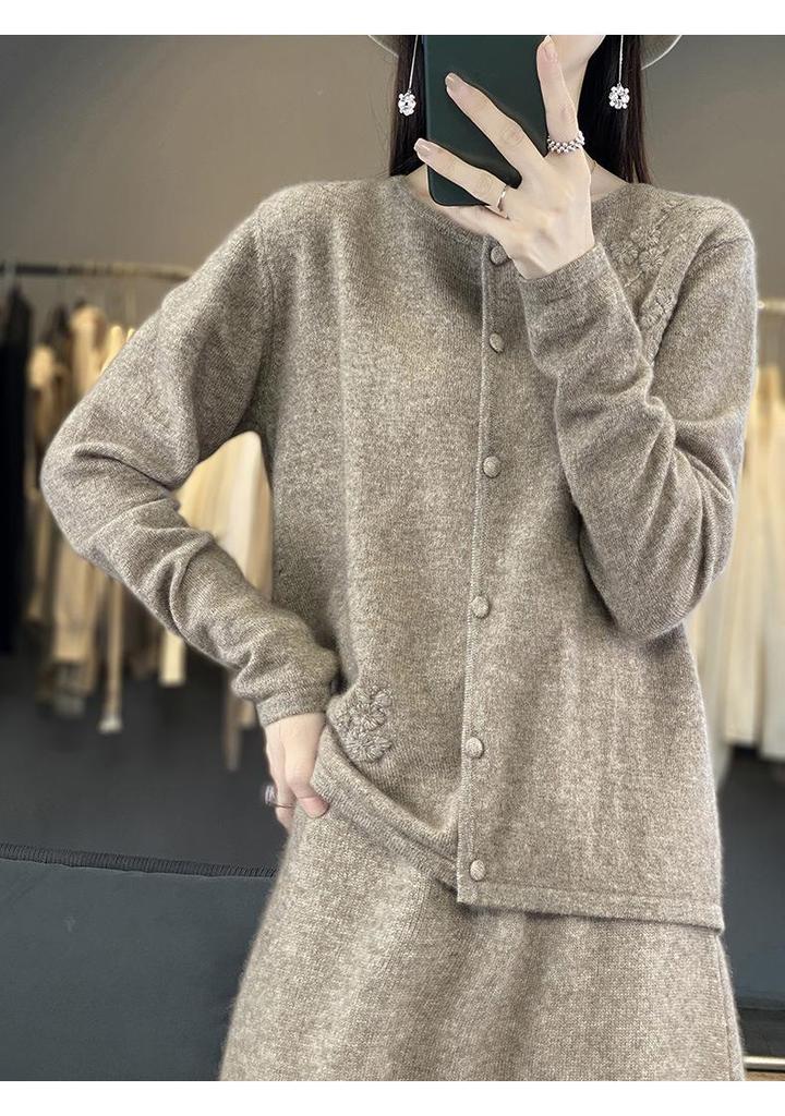 2023 Women's Elegant Australian Wool Crochet Cardigan - Autumn/Winter, Round Neck, Long Sleeve, Plain Color