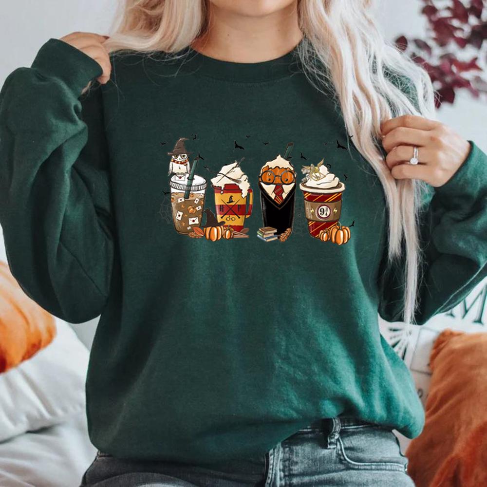 Latte Coffee Halloween Witch School Sweatshirt Fall Coffee Pumpkin Hoodies Retro Halloween Sweatshirt Vintage Halloween Gift Top