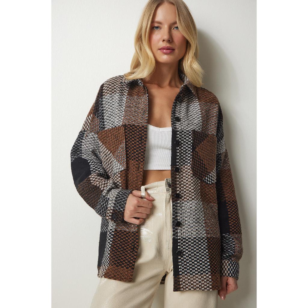 Dámská béžová krémová vzorovaná nadměrná kašmírová košile dřevorubce Tu00034