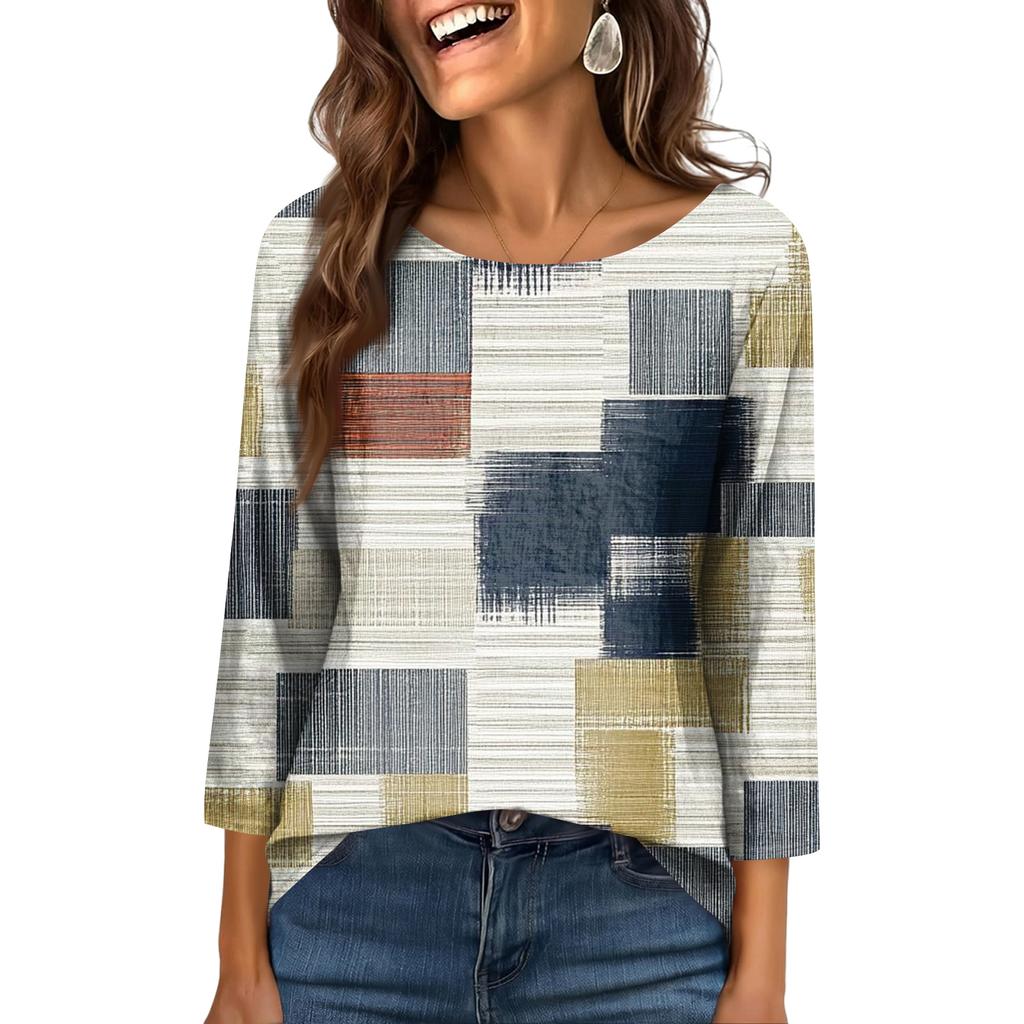 Women's Fashionable Casual Round Neck  3/4 Sleeve  Printed T-Shirt Top