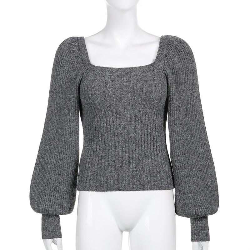 Thickened Square Neck Puff Sleeve Knit Top - Women's Slimming Waist Autumn/Winter Sweater