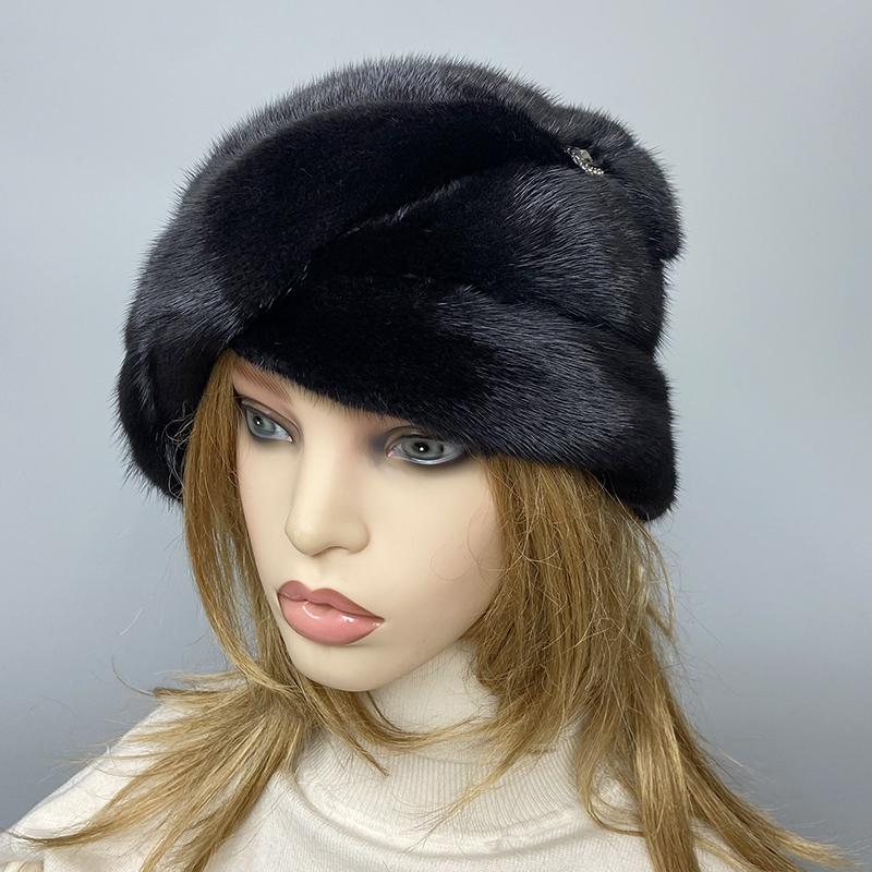 Luxury Women's Mink Fur Bucket Hat Winter Warm Diamond Fedora Real Fur Fashion Headwear