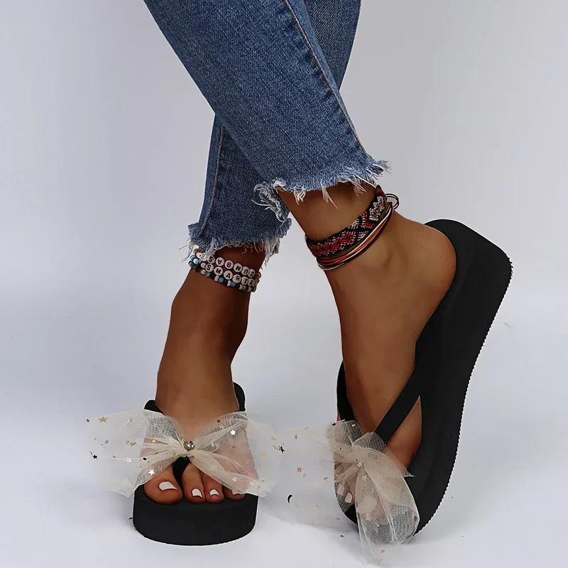 Fashion Summer Colorful Mesh Bowknot Flip Flops for Women Star Sequins Wedges Clip Toe Sandals Woman Lightweight Platform Beach Slippers
