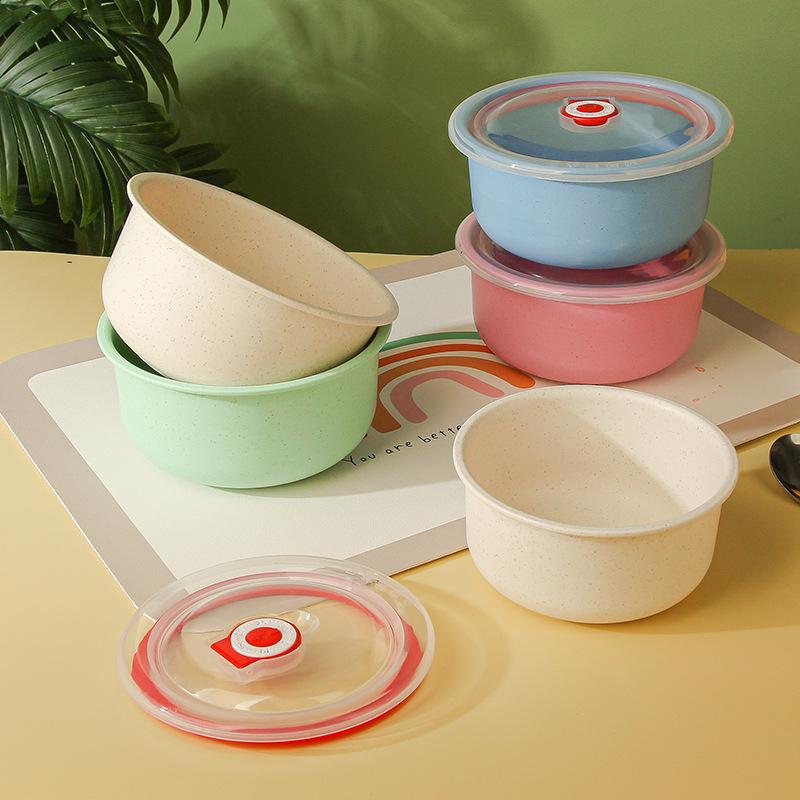 Wheat Straw Kitchen Bowl Set with Anti-Fall, Fresh-Keeping Features and Transparent Lids