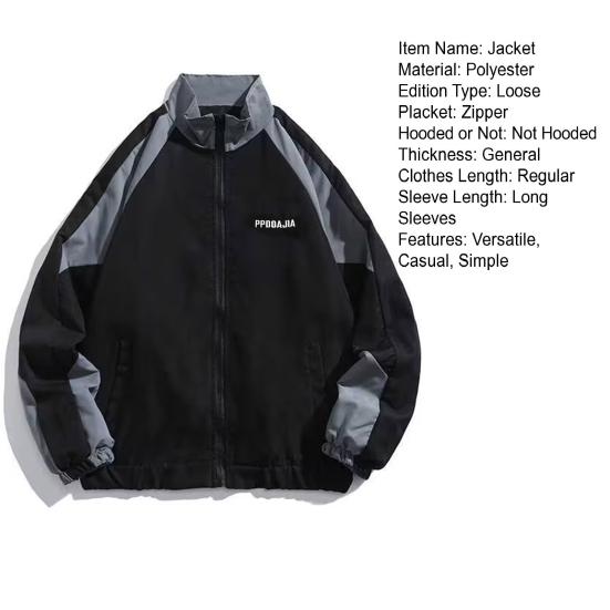 Hip Hop Jacket Patchwork Windbreaker Coats for Women Men Casual Zipper Stand-up Collar Block Outerwear for Spring Autumn Outdoor Sports Party