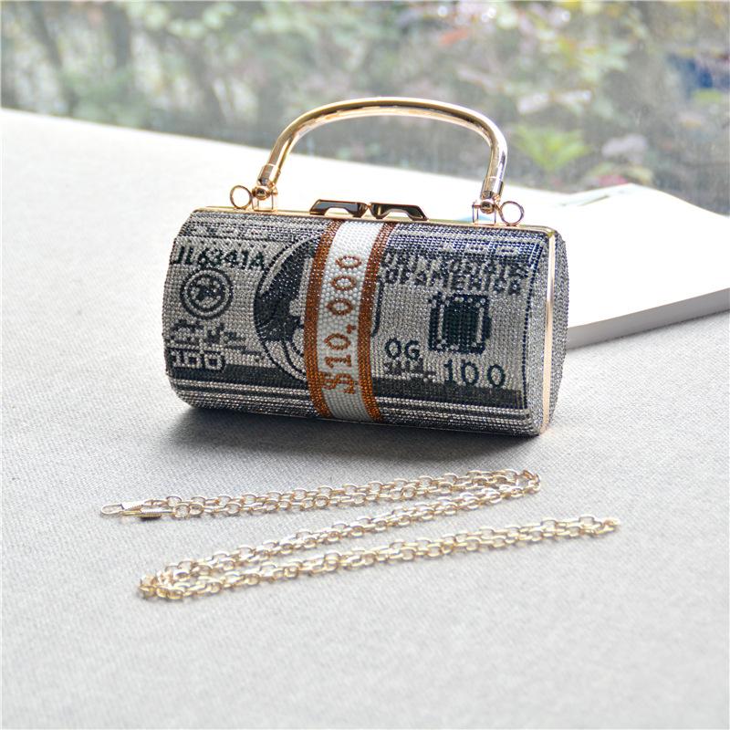 2025 Luxury Full Diamonds Dollar Stack Cash Evening Handbags Women Rhinestone Wedding Party Clutch Bag Metal Chain Shoulder Bag