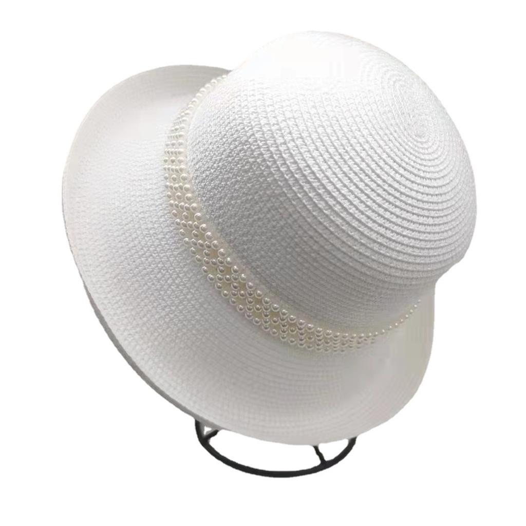 Designer Elegant Pearl Rims Fisherman Hat Fashion Socialite Retro Straw Hat Summer Sun Block Fisherman Hat