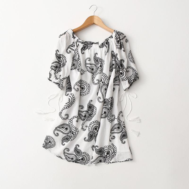

Cabinet Single ~ Cuff Shoelace Fashion All-Match Tube Top off-Neck Bright Line Flower Embroider Short Sleeve Dress White black line Embroider XL