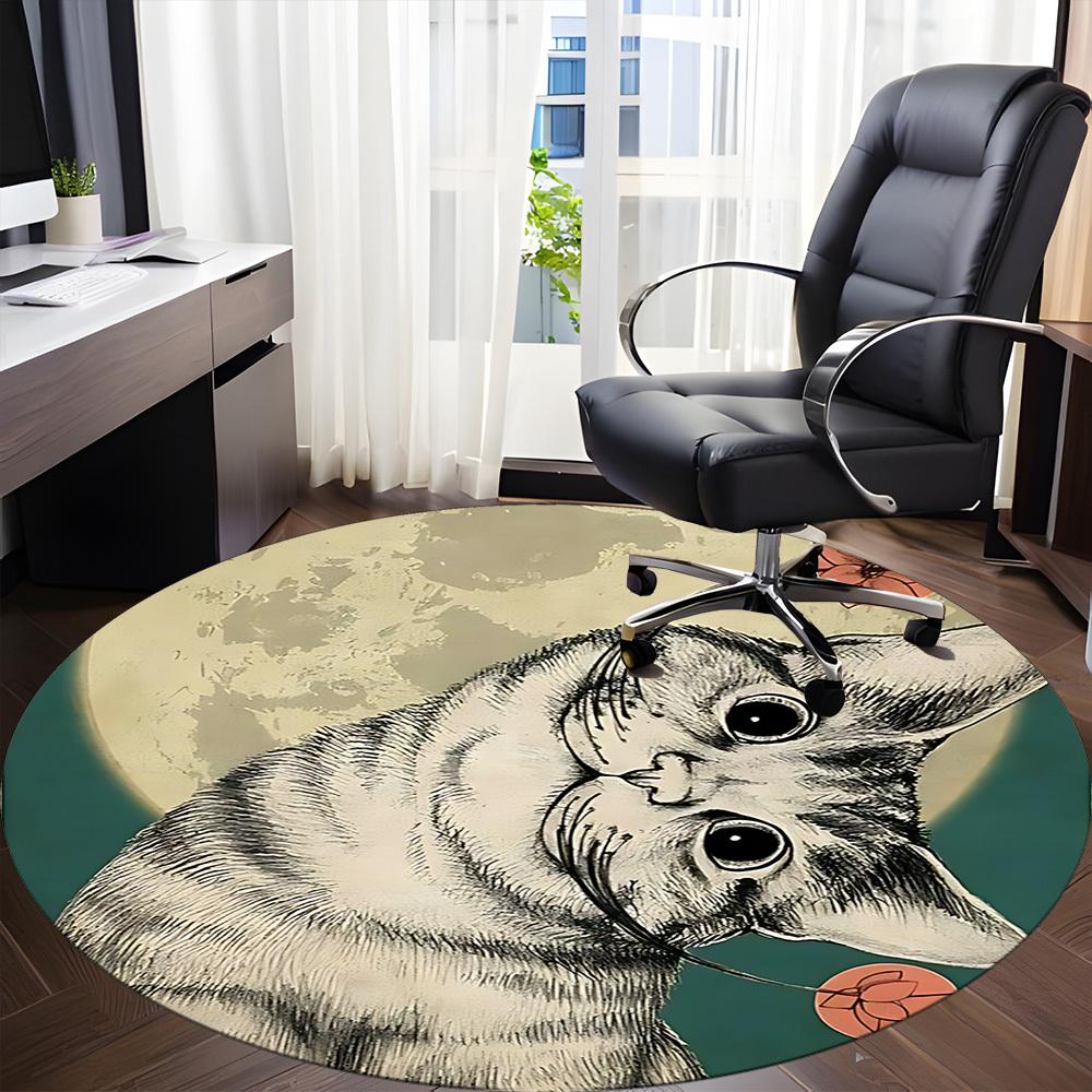 1PC Moonlit Whiskers Office Round Area Rug, Mat Suitable ForOffice, Under Office Chairs Bedroom Living Room Home Decor, Room Deco