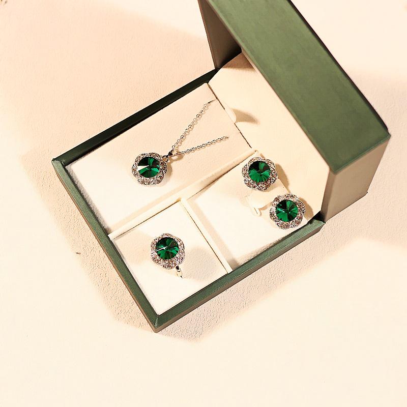 Emerald Flower Jewelry Set: Necklace, Earrings, and Ring In Stock
