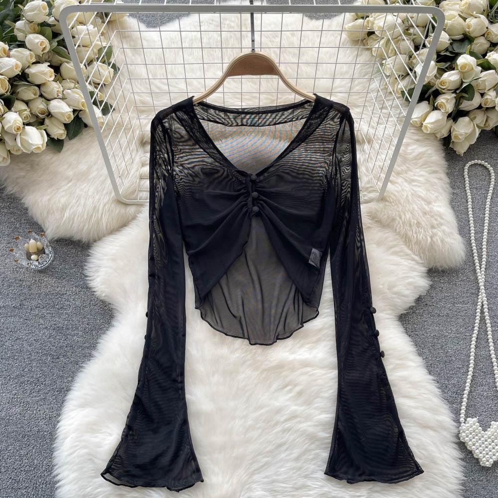 

Летний солнцезащитный крем, элегантный однотонный кардиган, женский французский v-образный вырез с длинными рукавами, винтажные тонкие топы, модная повседневная блузка для пляжного отдыха One Size чёрный