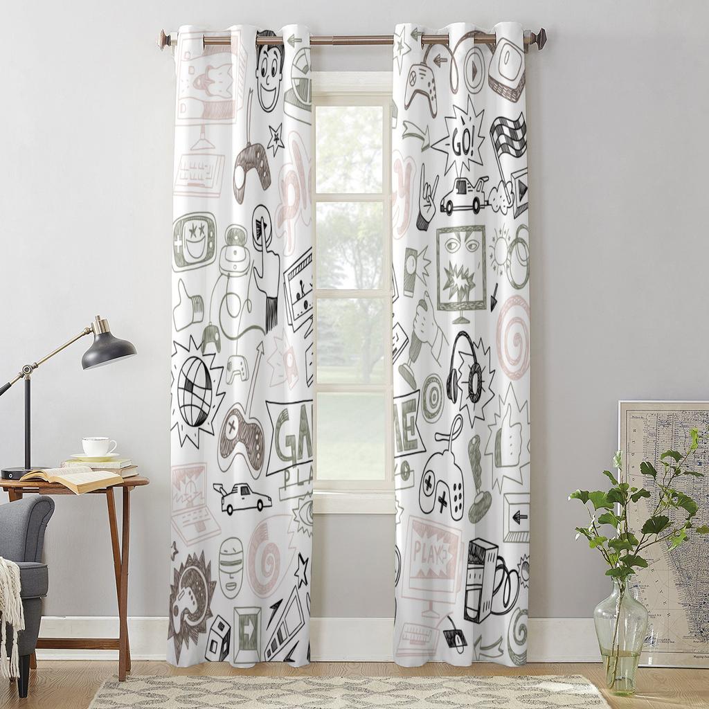 Fenstervorhänge mit Gamepad-Computertastatur für Wohnzimmer, Küche, Vorhang mit Volant, Kinderzimmer, Heimdekoration