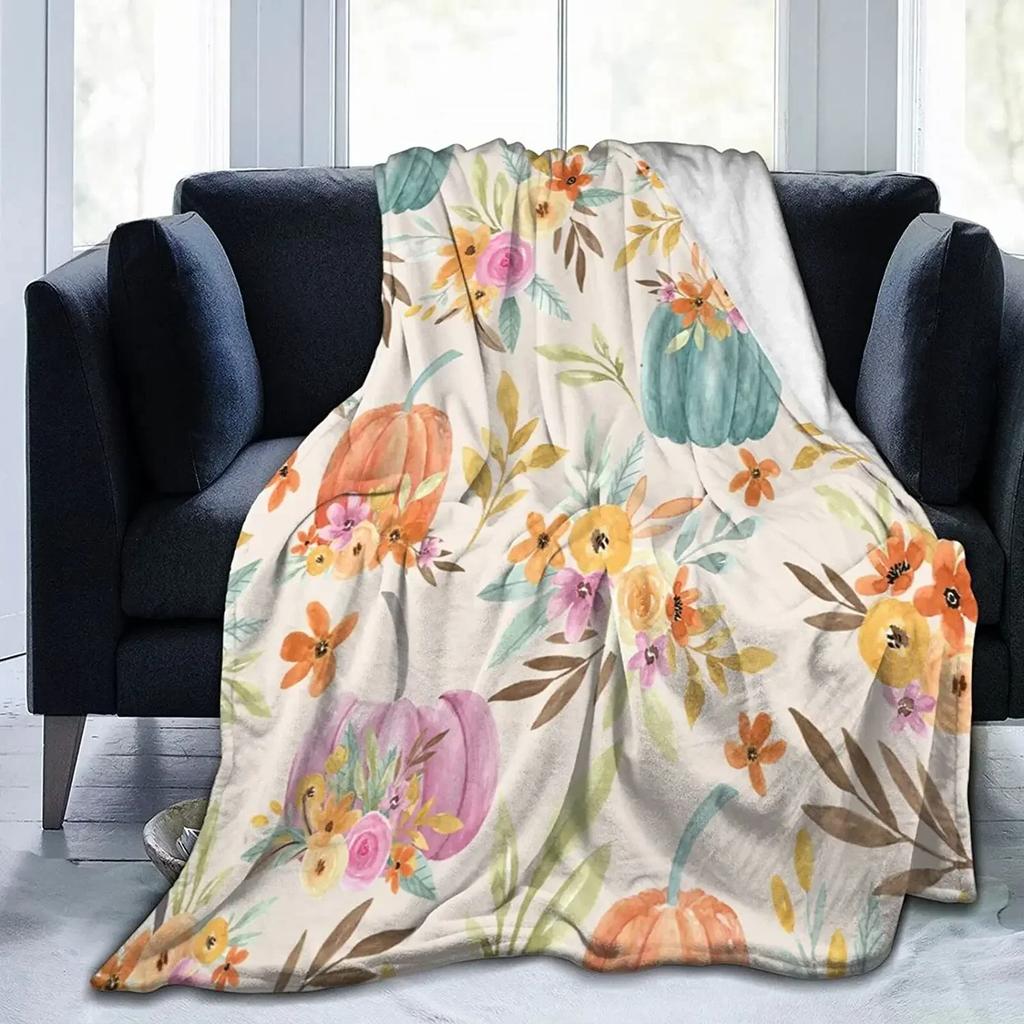 Harvest Autumn Throw Blanket Pumpkin Farmhouse Fallen Leaves Blanket Cozy Soft Lightweight Flannel Plush Blankets for Bed Couch