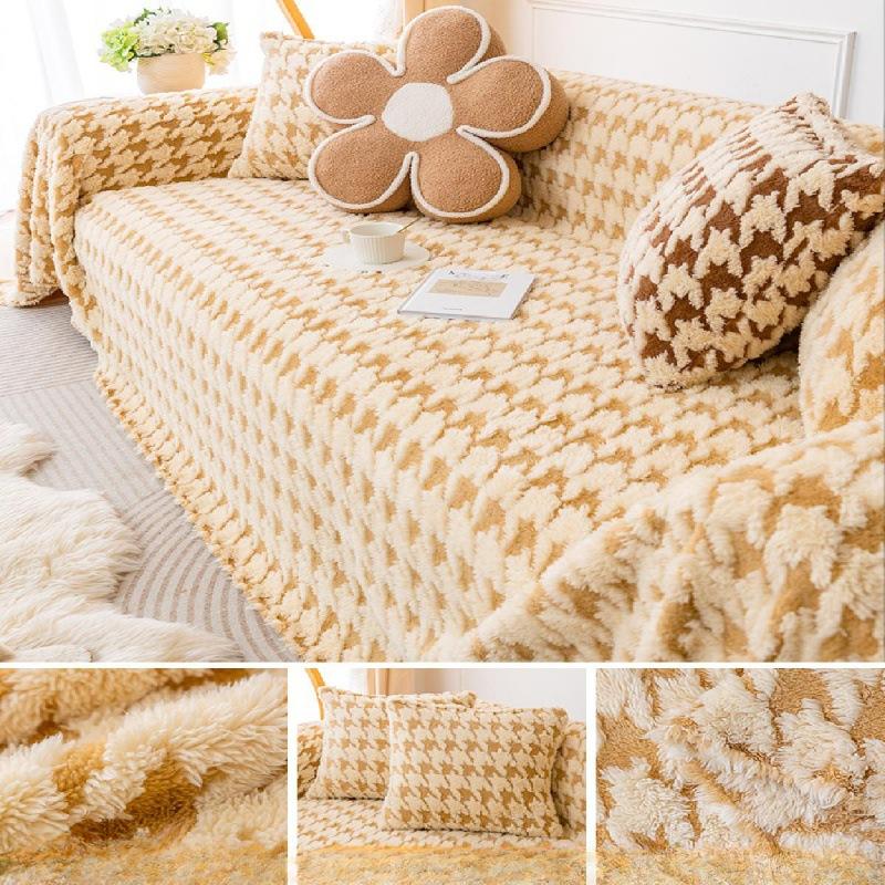 New Winter Lamb Fleece Sofa Cover Cloth Thousand Bird Grid Sofa Napkin Full Cover Lightweight