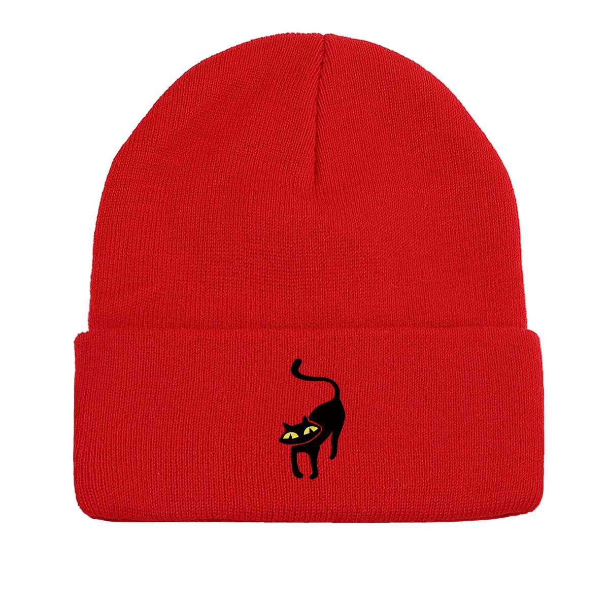 

Вязаная шапка с принтом черного кота, шапка Animal Woman, эластичная термопростая шапка с помпоном, вязаная шапка, шапка-бини as the picture красный