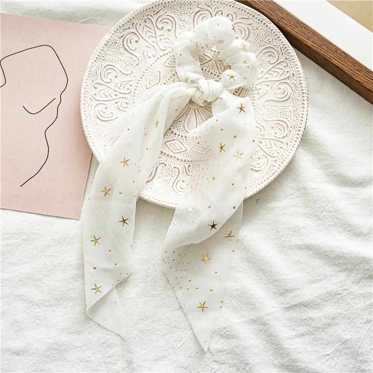 Fashion Print Bow Scrunchies Chiffon Elastic Hair Woman Bands Star Silk Hair Ties Ponytail Bow Design All-match Hair Accessories