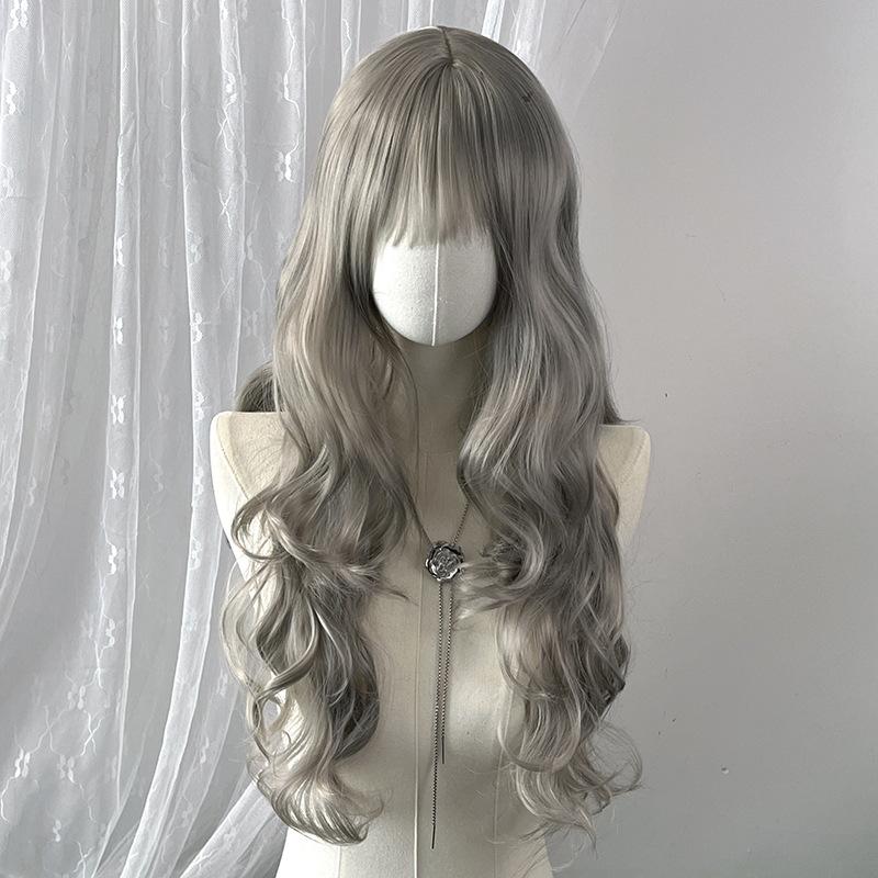 Japanese Korean Black Long Curly Hair Wig Women's Air Bangs Big Waves Synthetic Full Head Cover