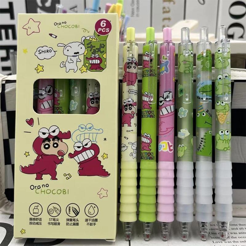 6Pcs Kawaii Crayon Shin-Chan Gel Pen Quick-Drying 0.5Mm Black Ink Writing Smooth Pen Office Supplies Cute Student Stationery