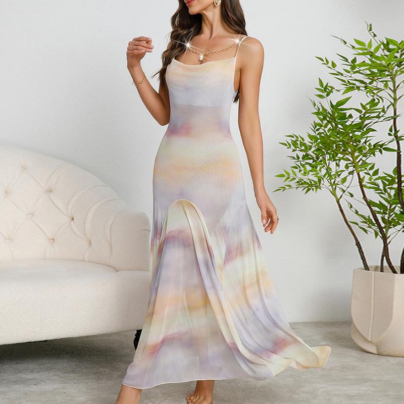 

Tie-Dye Mesh Cowl Neck Nightgown Slim Fit Long Sexy Women s Loungewear 890 Trendy Flattering Sleepwear with Bold Tie-Dye Patterns L