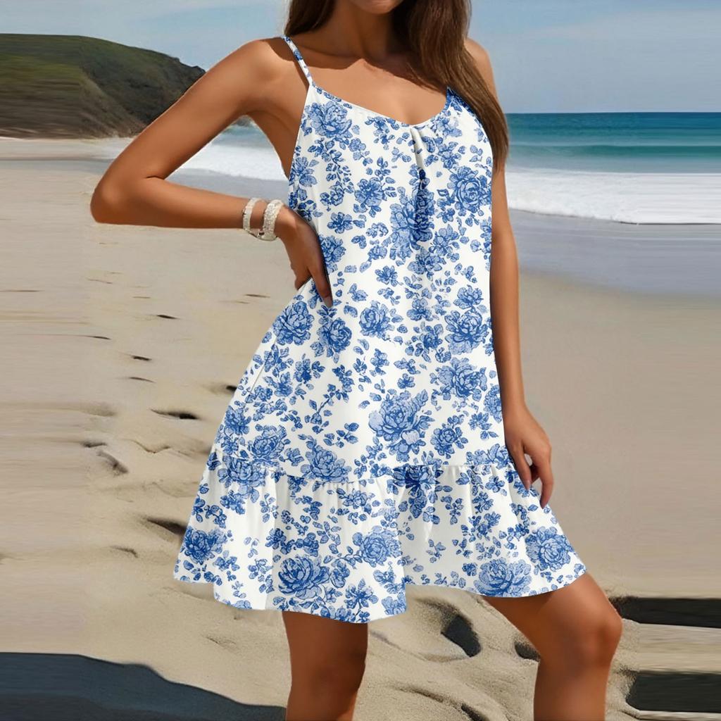 Damenmode Lässig Ärmellos Rundhals Weit Geschnitten Geblümtes Strandkleid