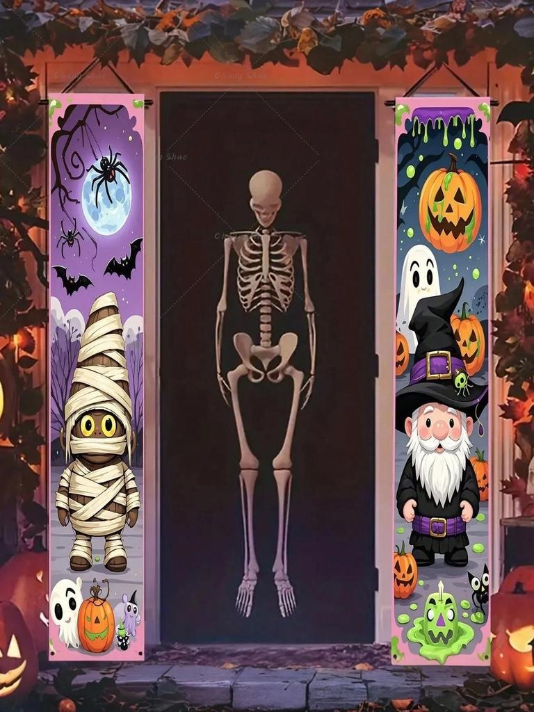 2pcs/Set Spooky Holiday Themed Porch Banner Cartoon Mummies Pumpkin Lanterns Ghosts Bats Spiders Plus Wizard Celebration Decorations