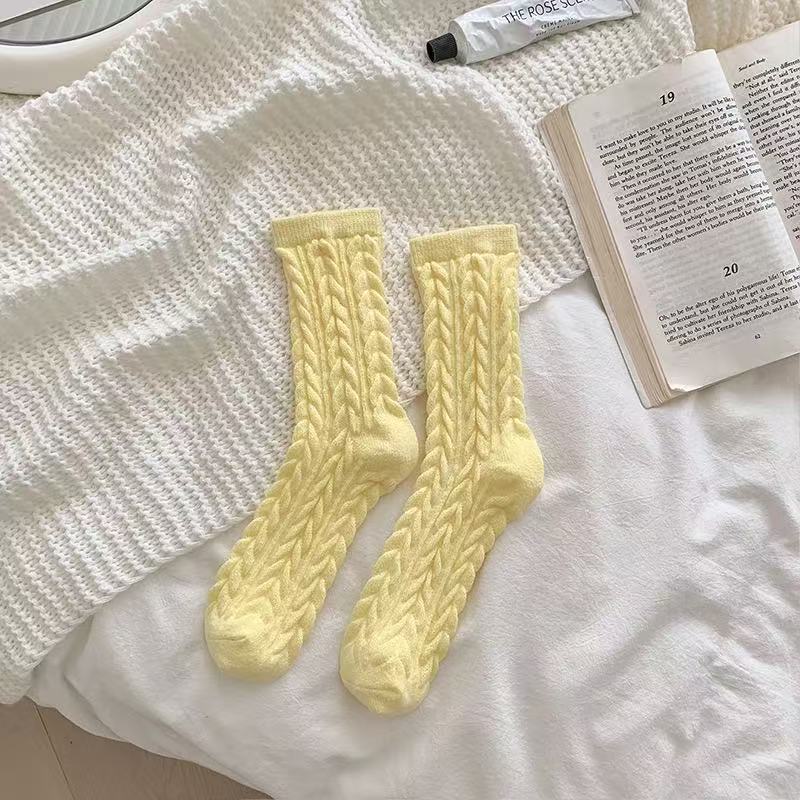 

Winter Warm Wool Socks Plus Fleece Thickened Plush Sleeping Socks Candy Colored Knitted Striped Women s Socks Cute Fashion Socks One Size жёлтый