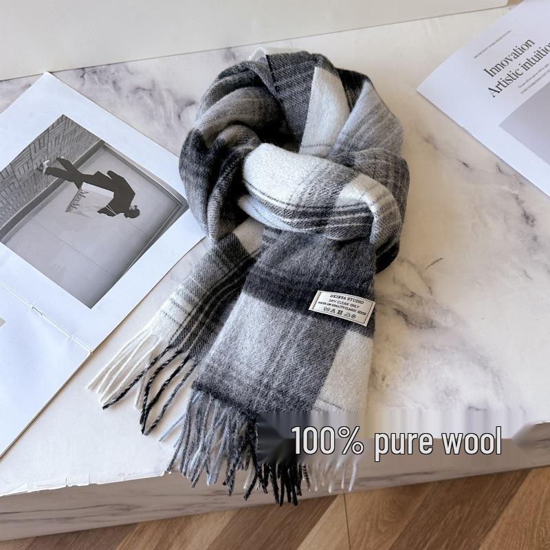 100% Reine Wolle Blauer Karoschal - Warmer, Vielseitiger Halswärmer für den Winter