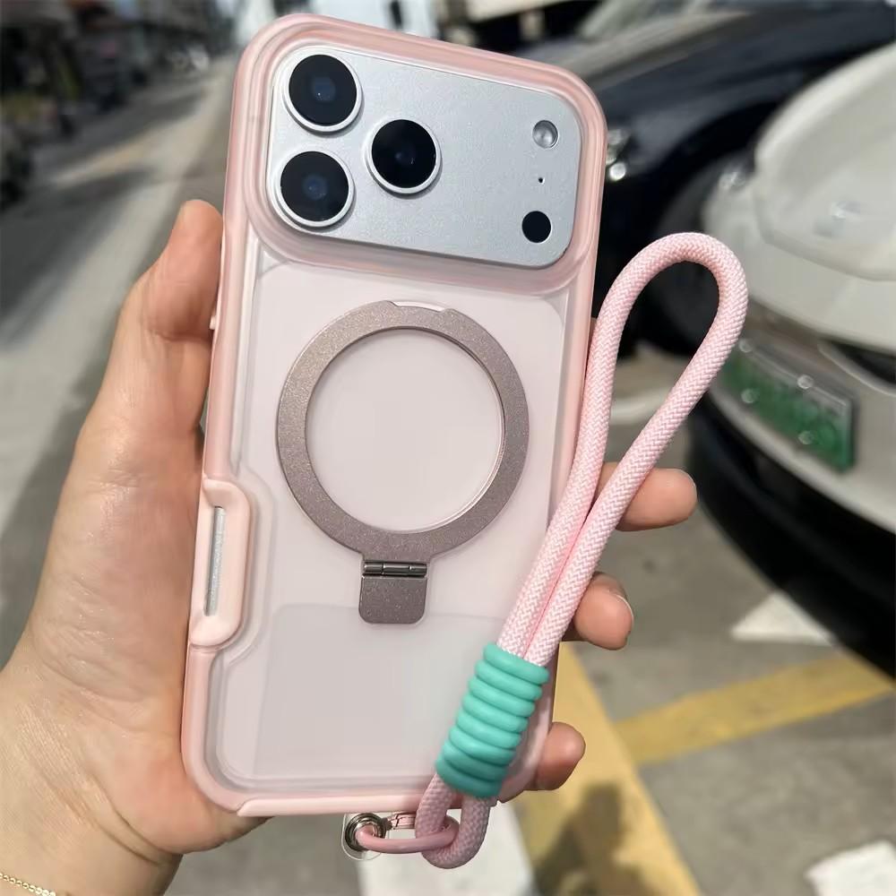 

Luxury Matte Magnetic Ott Phone Case For iPhone 17 Air 16 15 14 Plus Pro Max TPU+PC Anti-fall With Stand & Hand Strap Cover iPhone 16 Pro розовый