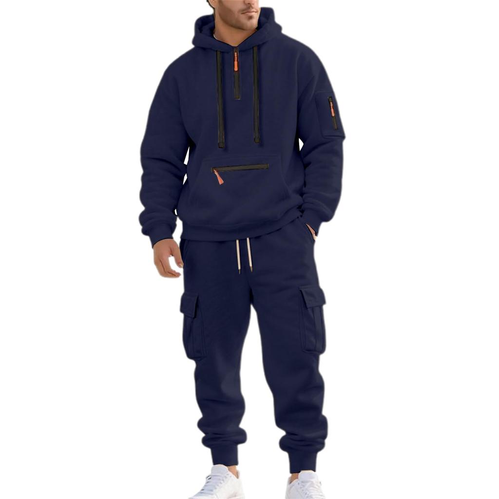 Men's Lined Cargo Hoodie and Jogger Pants 2-Piece Set with Zip-Up and Multiple Pockets for Casual Everyday Wear