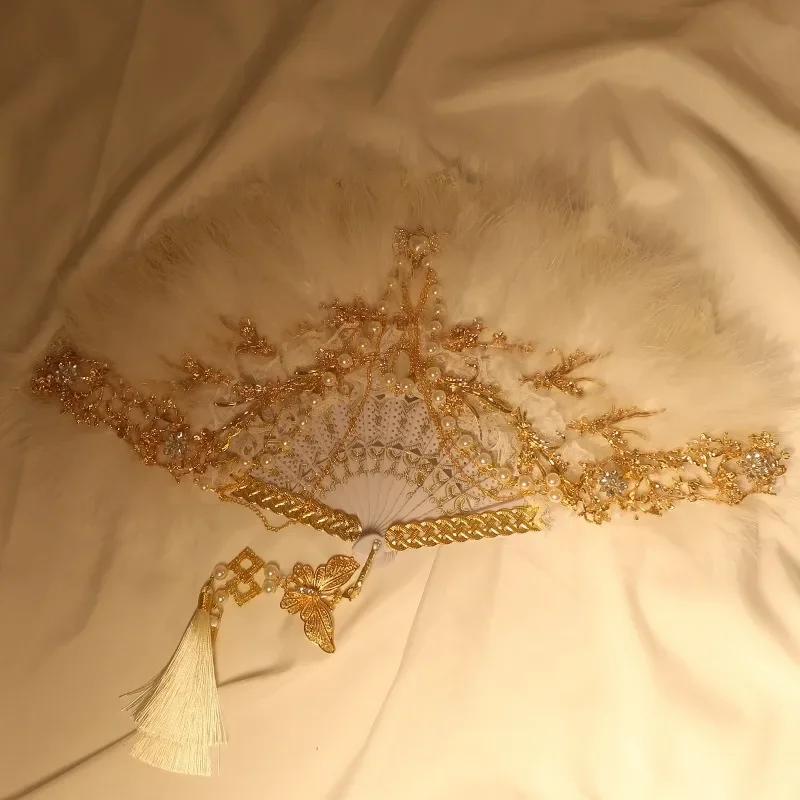 Feather Fan Lolita Dance Cheongsam Catwalk Show Folding Fan Retro Nostalgic Hanfu Fairy Lace Fan