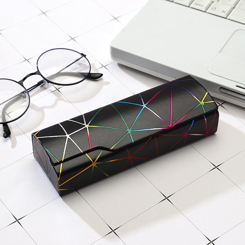 Hard Eyeglasses Case Fashion Geometric Line Decor Waterproof PU Leather Shockproof Spectacle Box for Students Teens