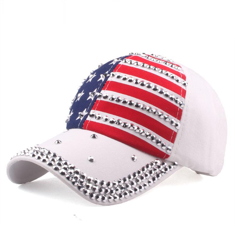 

Vintage Rhinestone American Flag Cap: Unisex Retro Outdoor Duckbill Sun Hat One Size белый