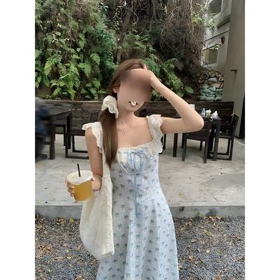 Blue Floral Suspender Dress, Unique and Beautiful Vacation Style, Sweet Summer Atmosphere, Small Skirt