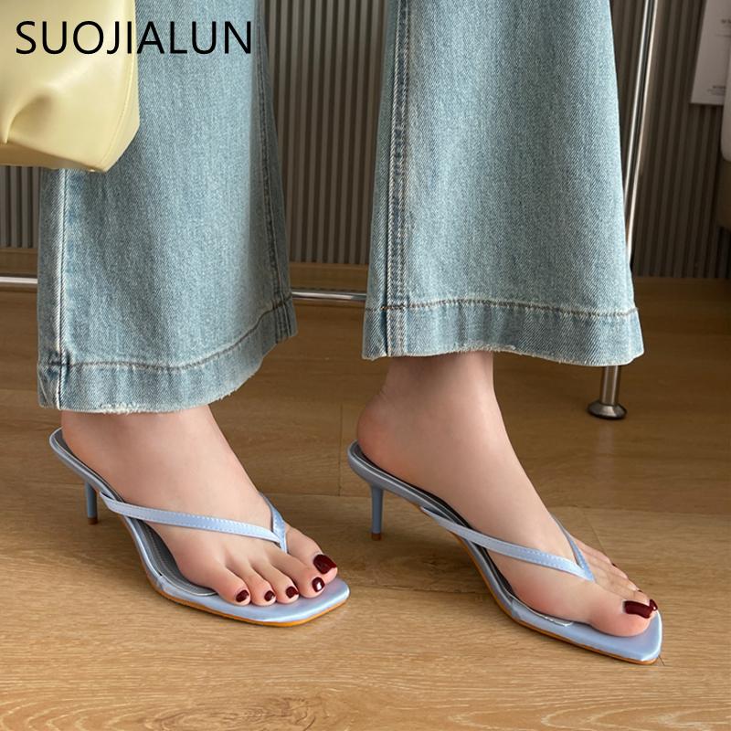 Fashion SUOJIALUN 2025 Summer New Women Slipper Fashion Narrow Band Women Slides Thin High Heel Outdoor Dress Gladiator Sandal Pumps Sho