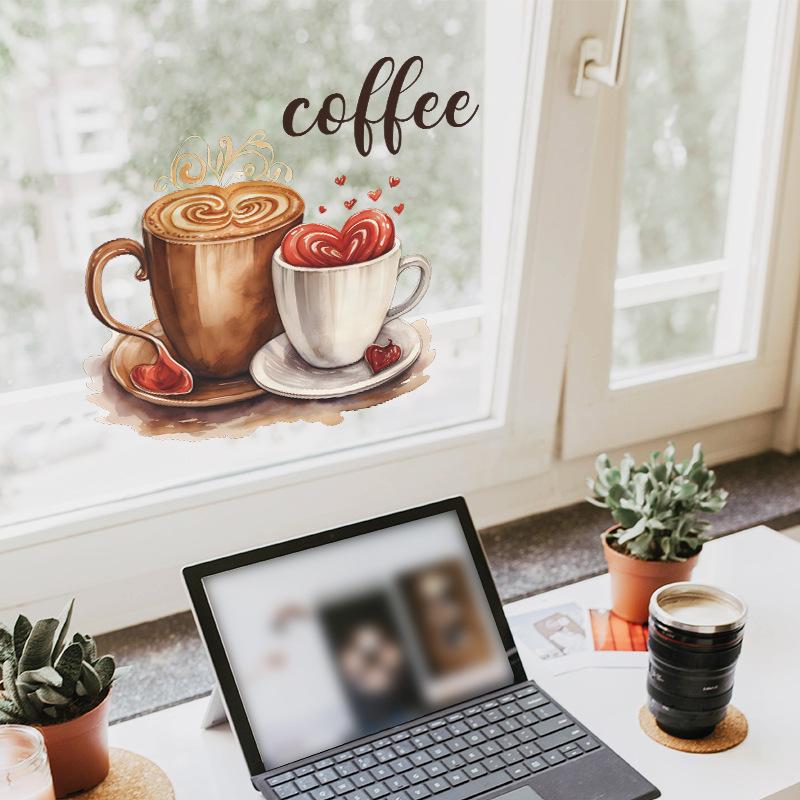 Creative Pair of Coffee Cups Wall Sticker Cafe Style Home Decoration Self-Adhesive Removable Wall Art