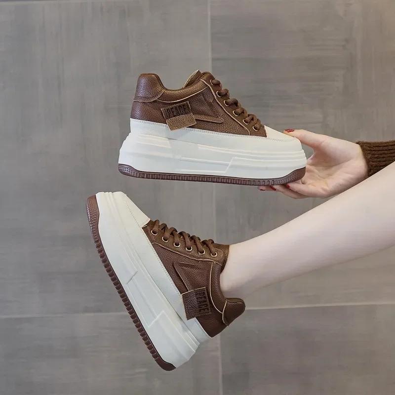 Fashion 2025 New 6.5cm Lace-up Genuine Leather Flat Platform Sneaker Increase Shoes Woman High Top Short Boots Spell Color Trend Shoes