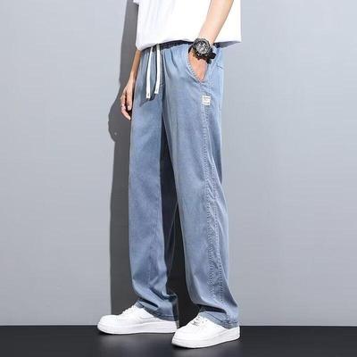Spring/Summer Soft Lyocell Fabric Men's Jeans Thin Loose Straight Leg PantsDrawstring Elastic Waist Korean Casual Pants