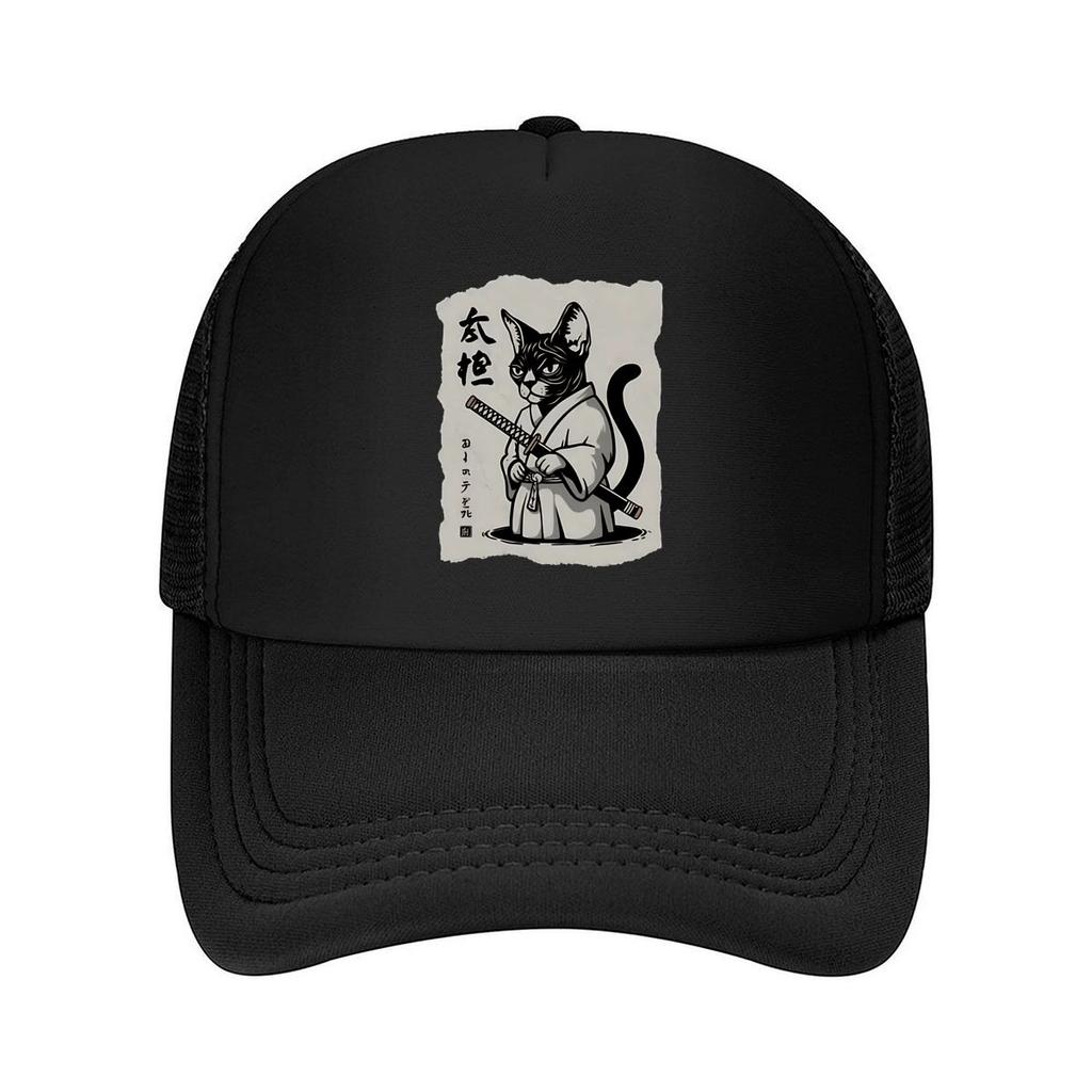 Japanese Samurai Cat Casual Mesh Baseball Cap Dad Hat Hip Hop Snapback Cap