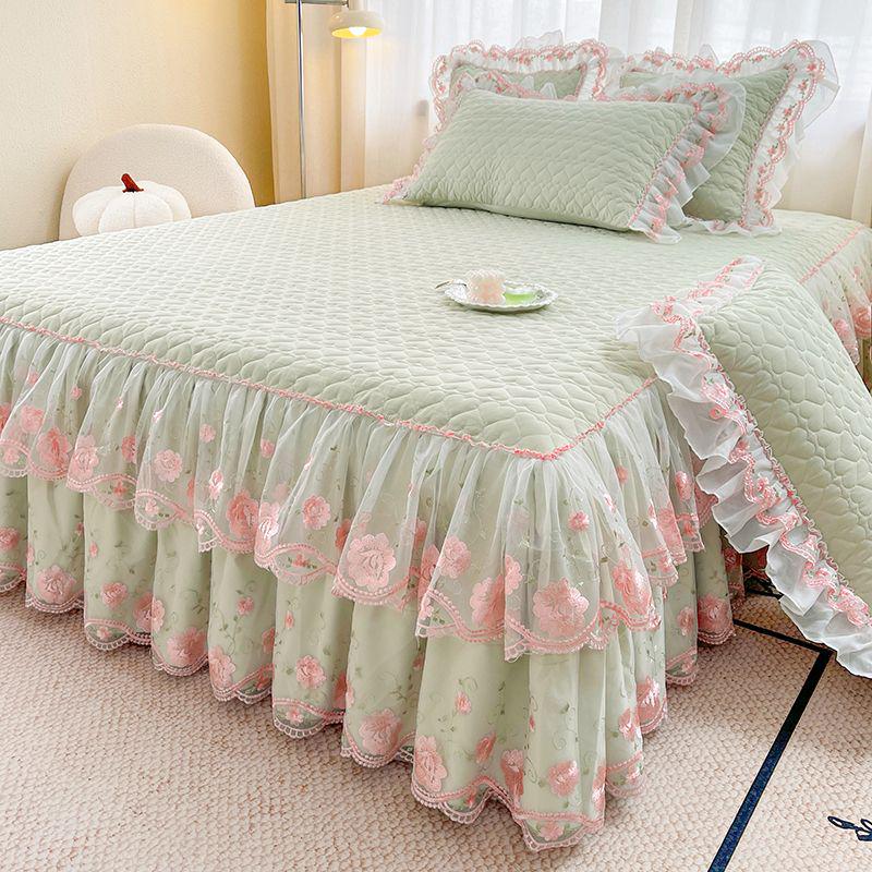 Korean Style Lace Bed Skirt & Sheet Set - 3-Piece Quilted Dustproof Full Wrap Bed Cover