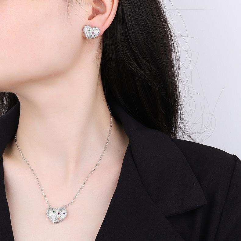 Huamei Jewelry Light Luxury Color Love Necklace Clavicle Chain Cross Border Heart Inlaid Treasure Earrings