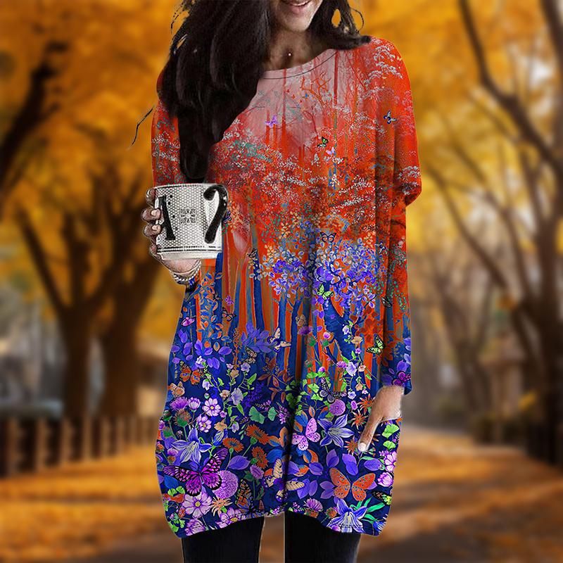 

Новинка осени с принтом Blue Forest Plus Size Dress Women O neck Long Sleeves Casual Pocket Dresses 2XL